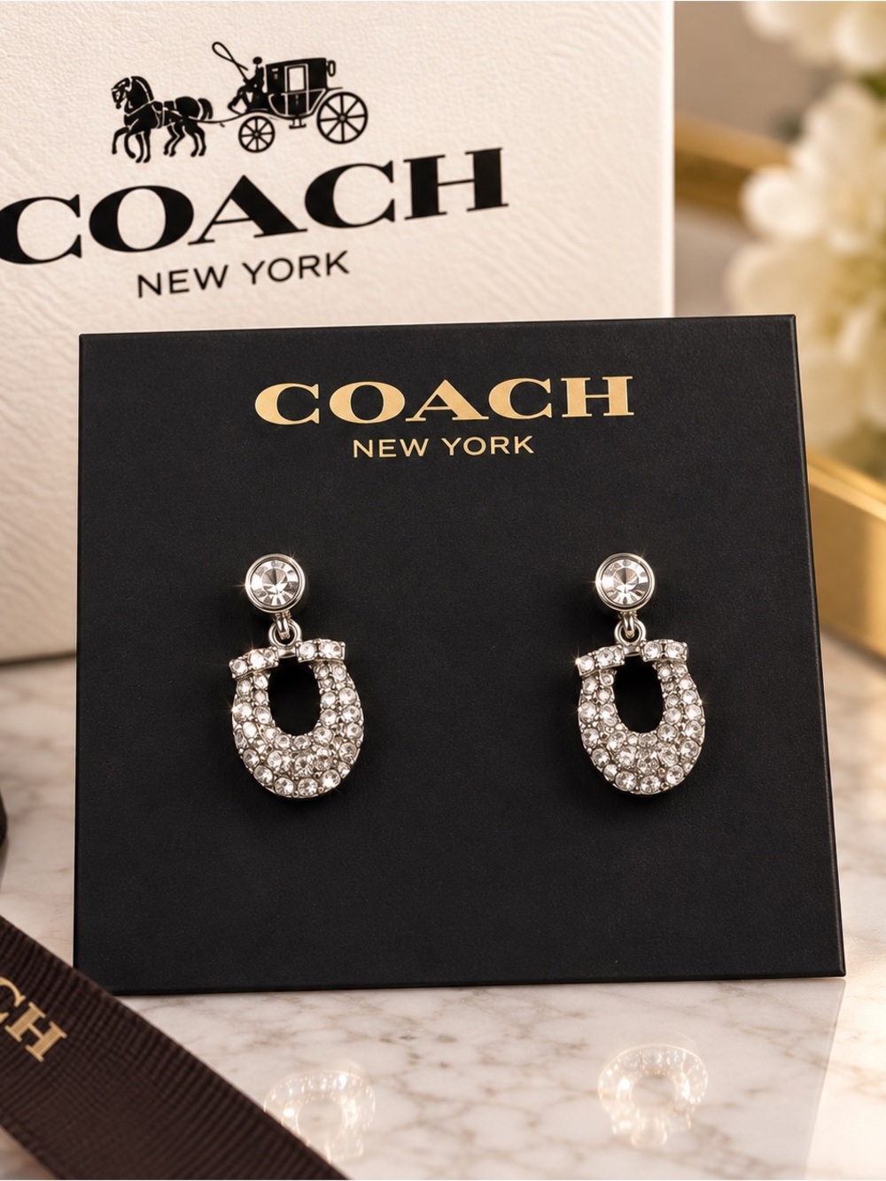 Coach Silver Crystal Horseshoe Drop Earrings